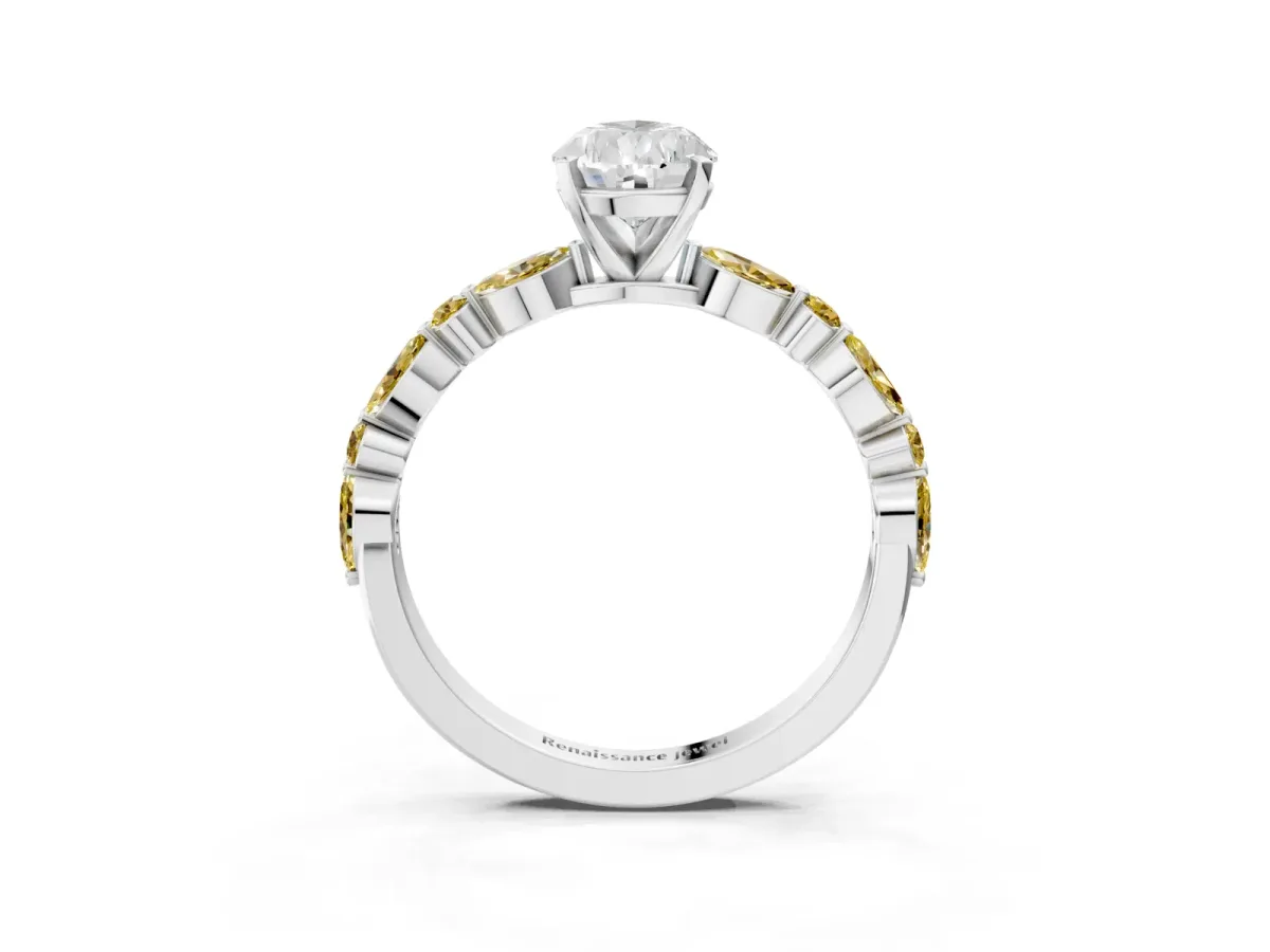 Pear Cut Diamond Ring with Marquise and Round Yellow Sapphire Side Stones and Four-Prong Setting White gold