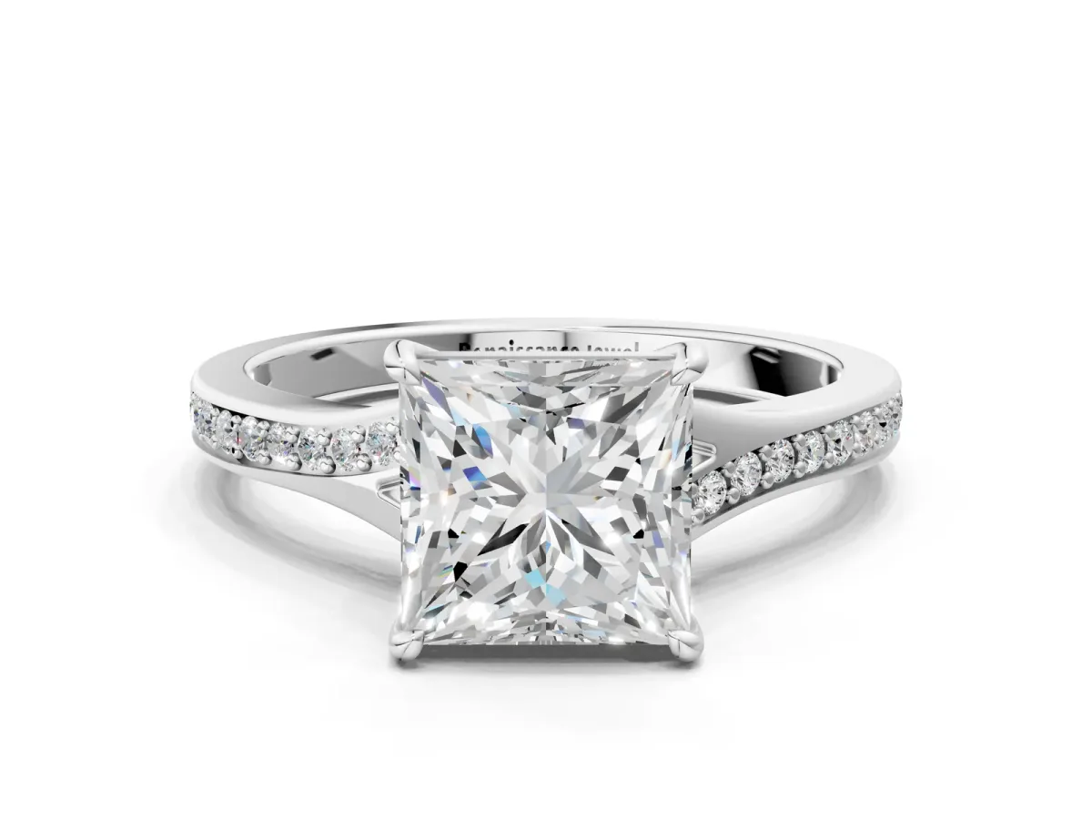 Princess Cut Diamond Solitaire Ring with Pavé Band and Prong Setting Silver