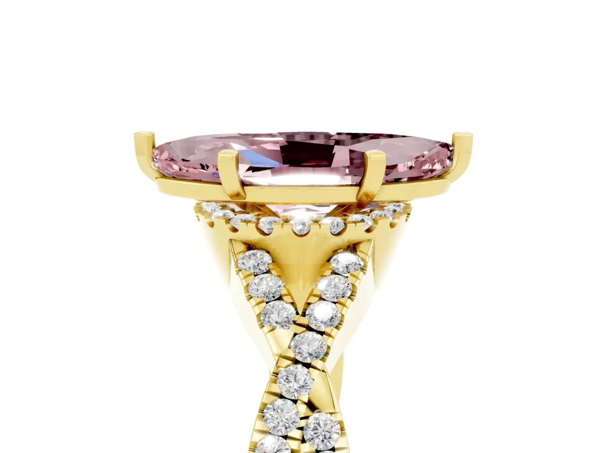 Marquise Cut Morganite Halo Twist Band Solitaire Prong Setting Ring Yellow gold