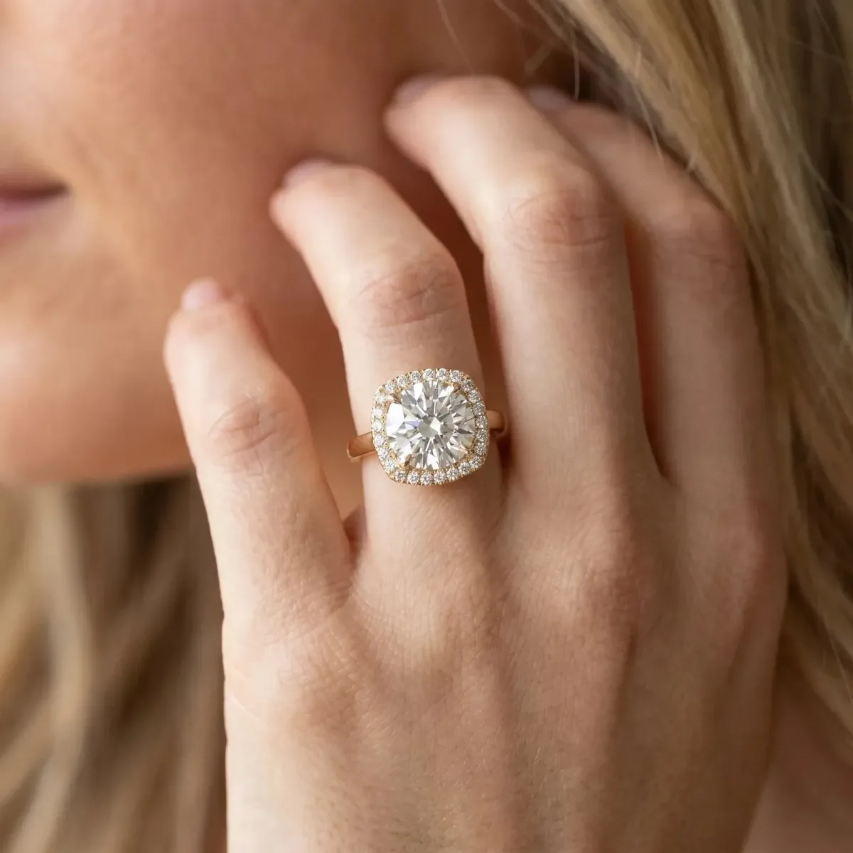 Cushion Cut Halo Solitaire Engagement Ring with Round Diamond and Four-Prong Setting Yellow gold