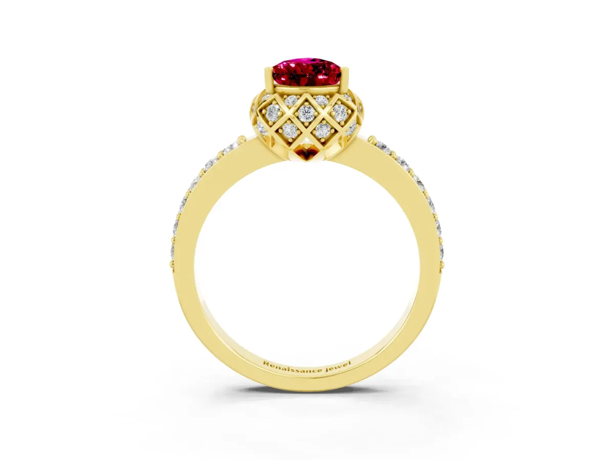 Pear Cut Garnet Scalloped Halo Engagement Ring with Round Shared Prong Band Yellow gold