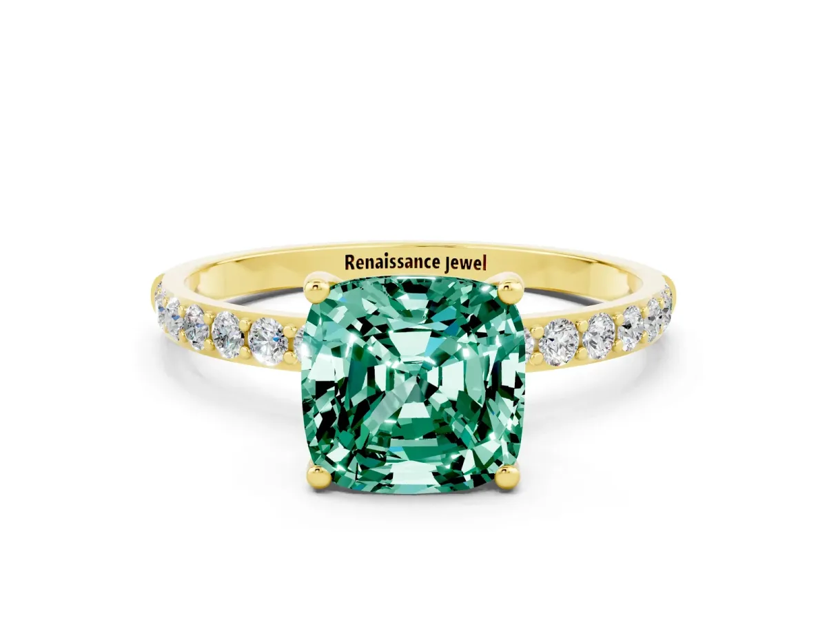 Cushion Cut Green Sapphire Solitaire Ring with Round Pavé Band and Prong Setting Yellow gold