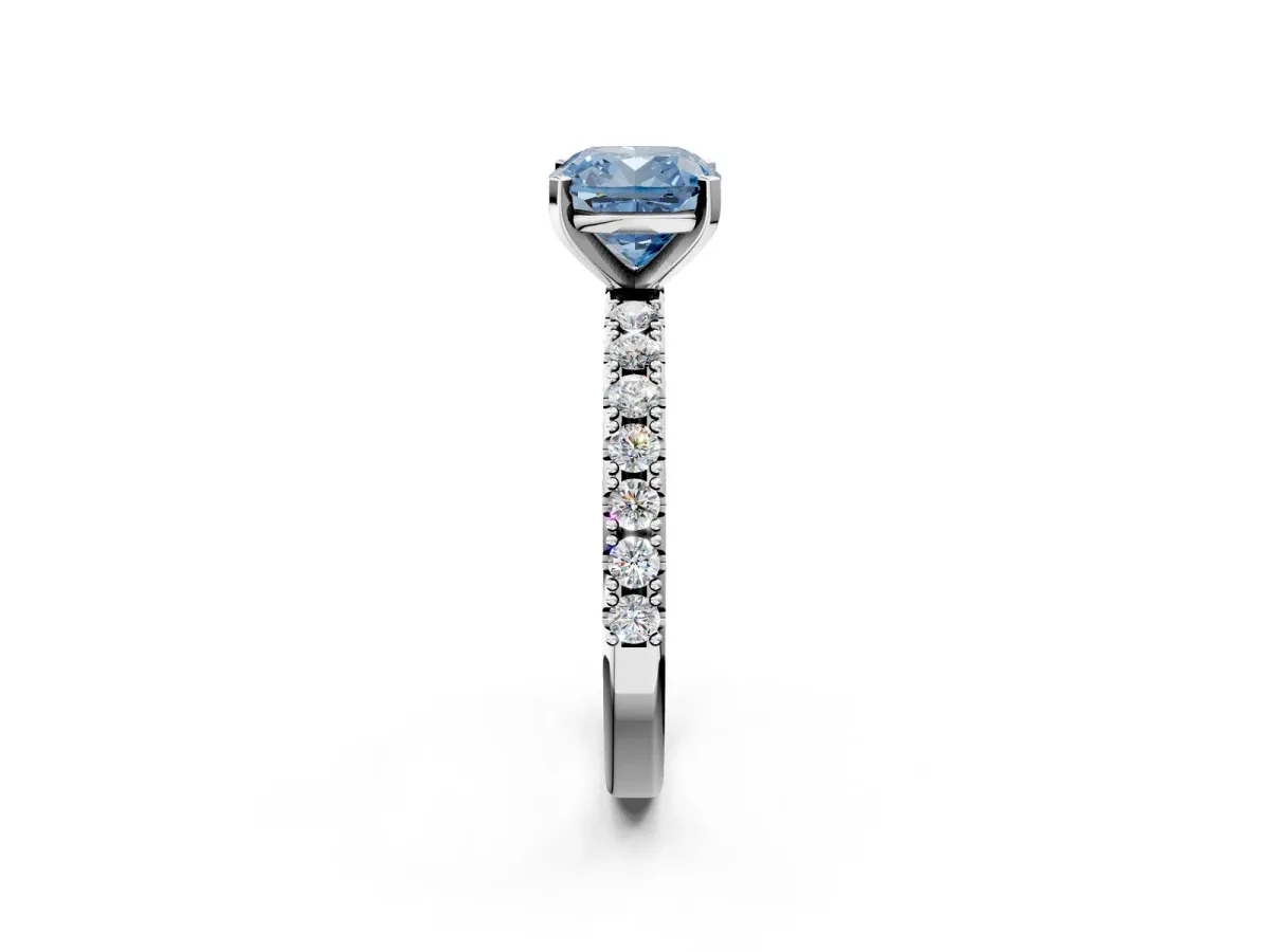 Fancy Blue Cushion Cut Diamond Solitaire Pavé Band with Four-Prong Setting Platinum