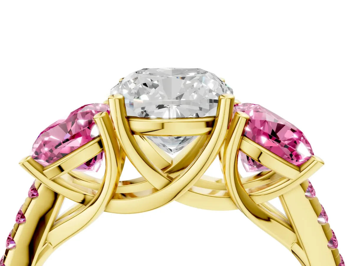Three-Stone Cushion Cut Diamond Ring with Round Pink Sapphire Pavé Band and Prong Setting Yellow gold
