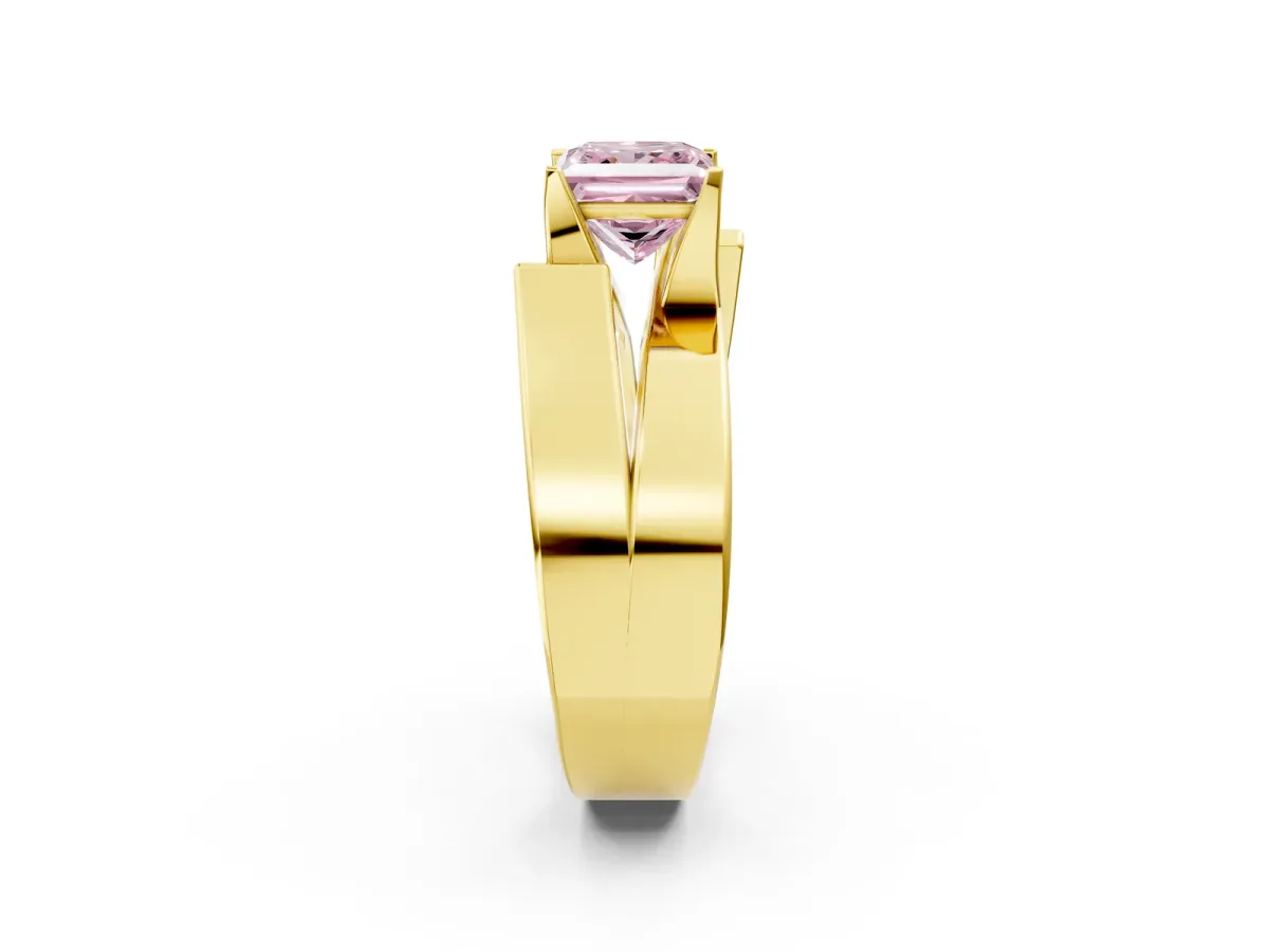 Fancy Pink Modern Tension Set Princess Cut Diamond Solitaire Wide Band Ring Yellow gold