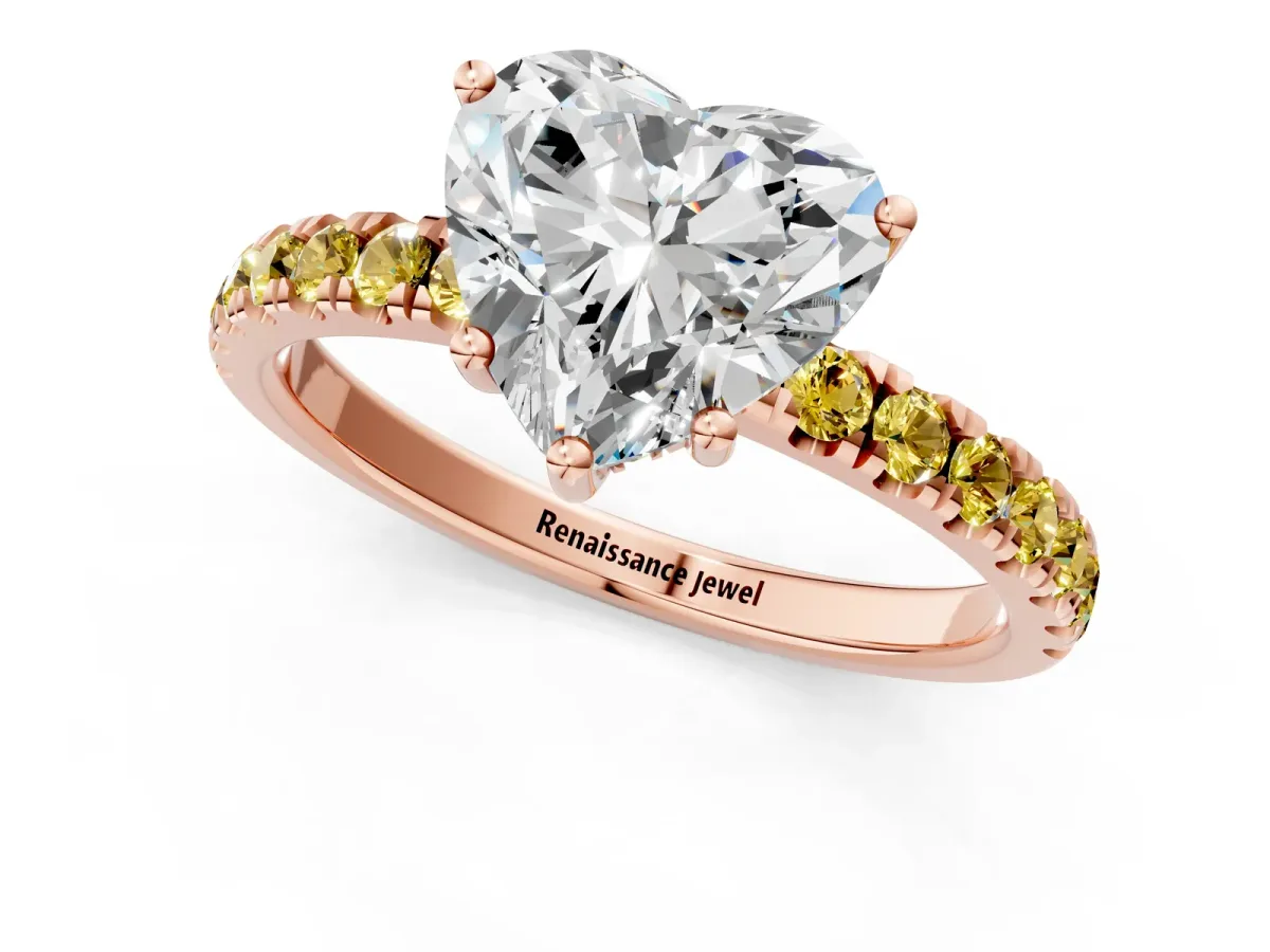 Heart Cut Diamond Pave Band Solitaire Ring with Round Yellow Sapphire and Prong Setting Rose gold