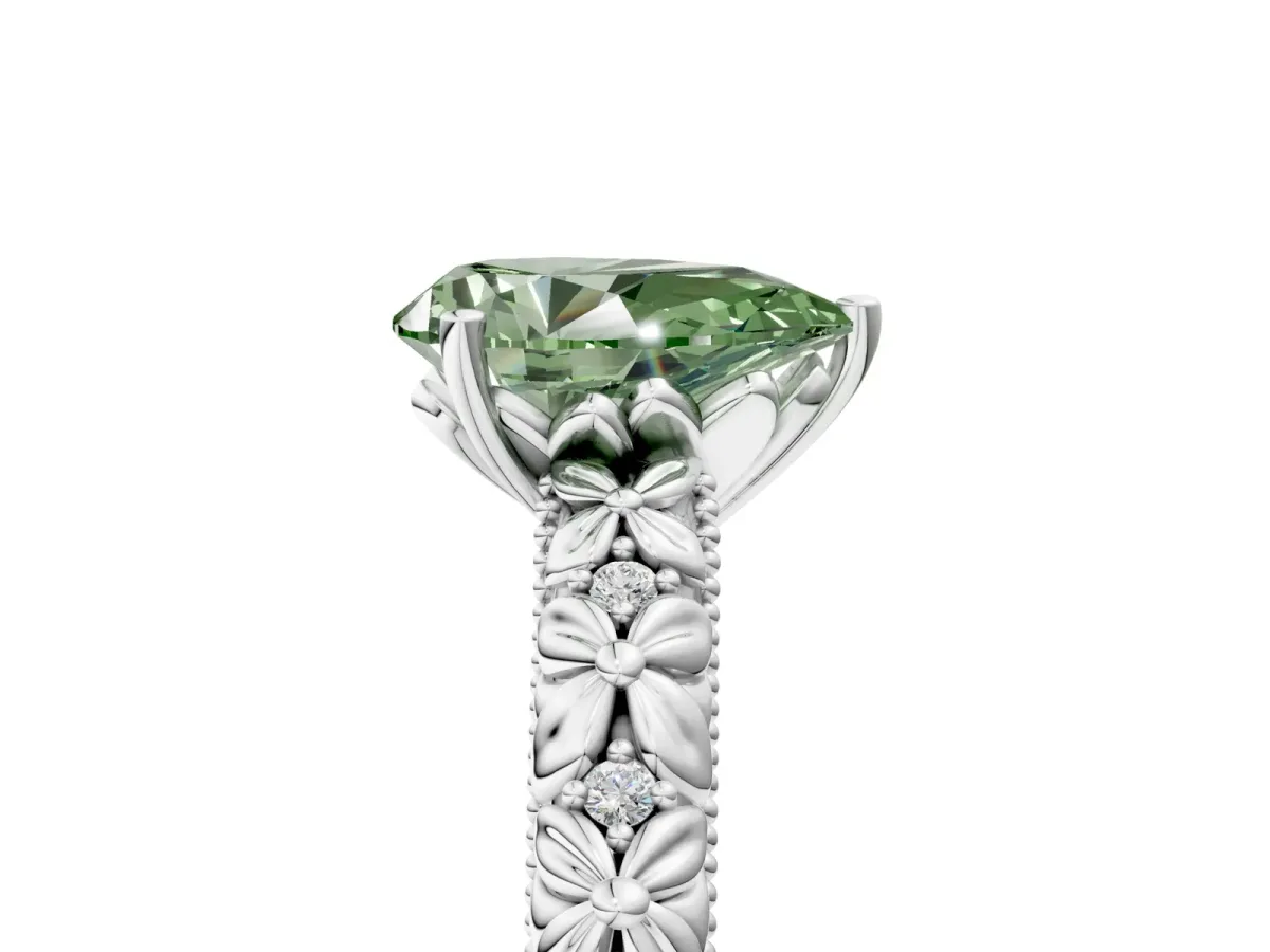 Fancy Green Pear Cut Solitaire Floral Milgrain Engagement Ring Silver