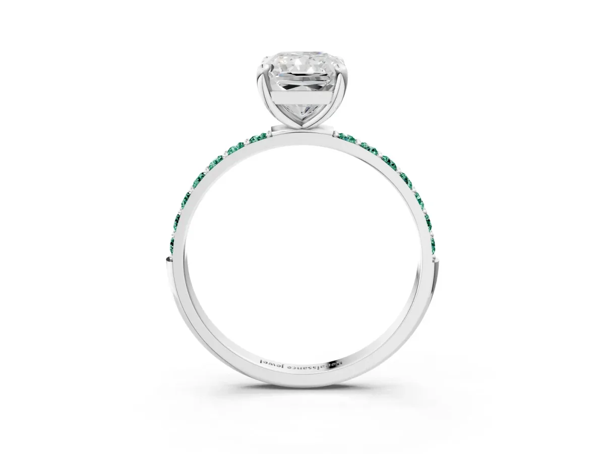 Radiant Cut Diamond Solitaire Ring with Round Green Sapphire Pavé Band and Prong Setting White gold