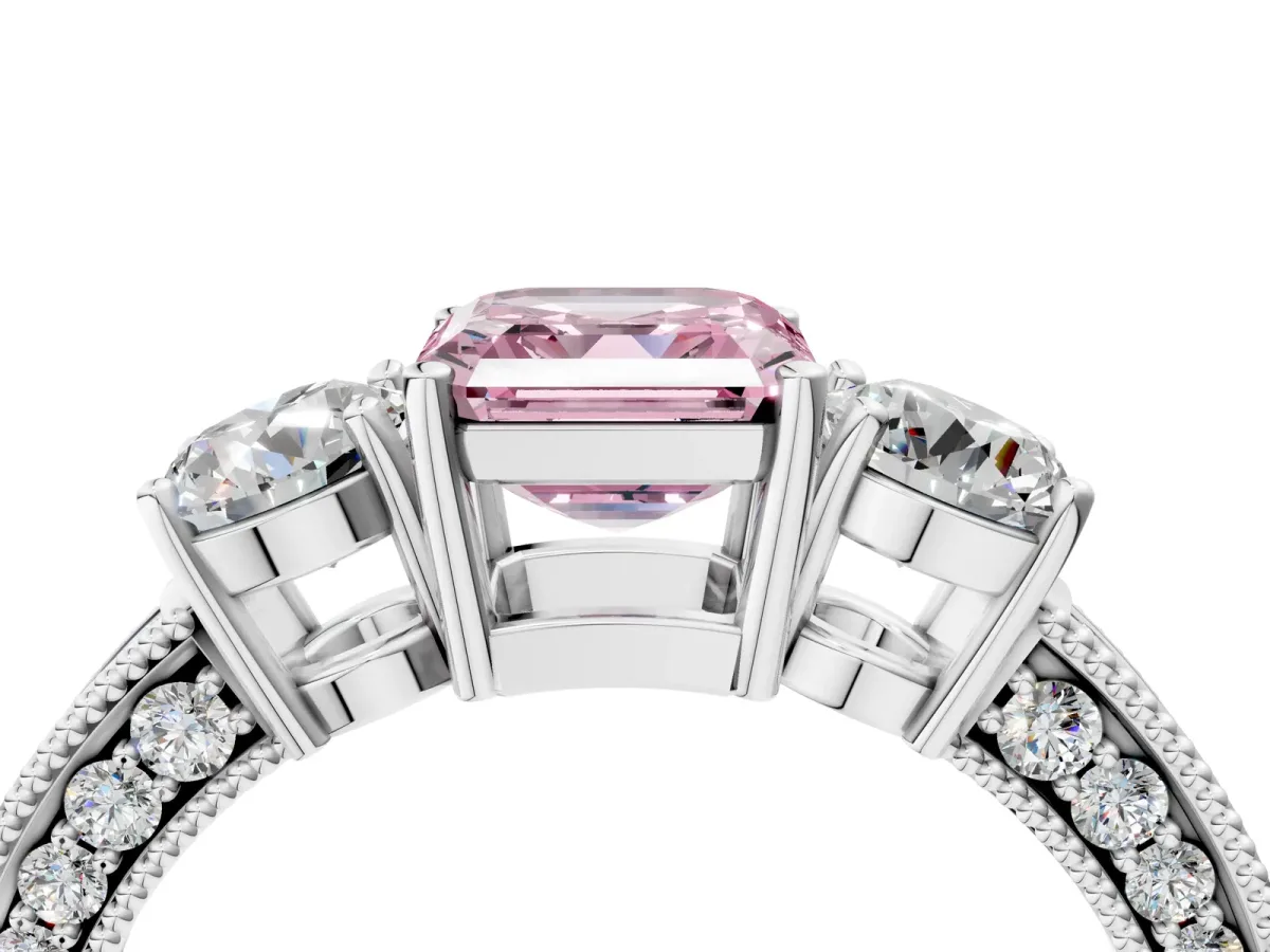 Fancy Pink Asscher Cut Three-Stone Diamond Ring with Pavé Band and Four-Prong Setting Platinum