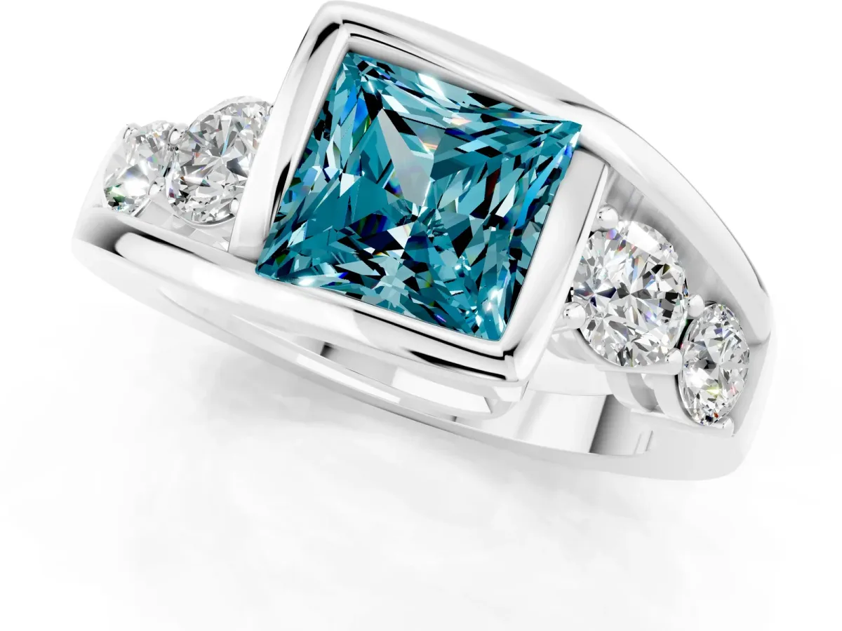 Bezel Set Princess Cut Blue Topaz Bypass Ring with Round Accents Silver