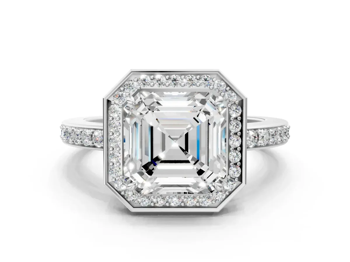 Asscher Cut Halo Pave Band Solitaire Ring with Prong Setting Platinum