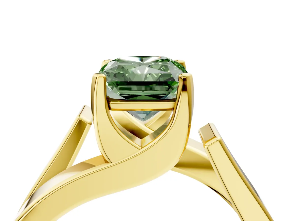Fancy Green Modern Tension Set Radiant Cut Diamond Solitaire Wide Band Ring Yellow gold