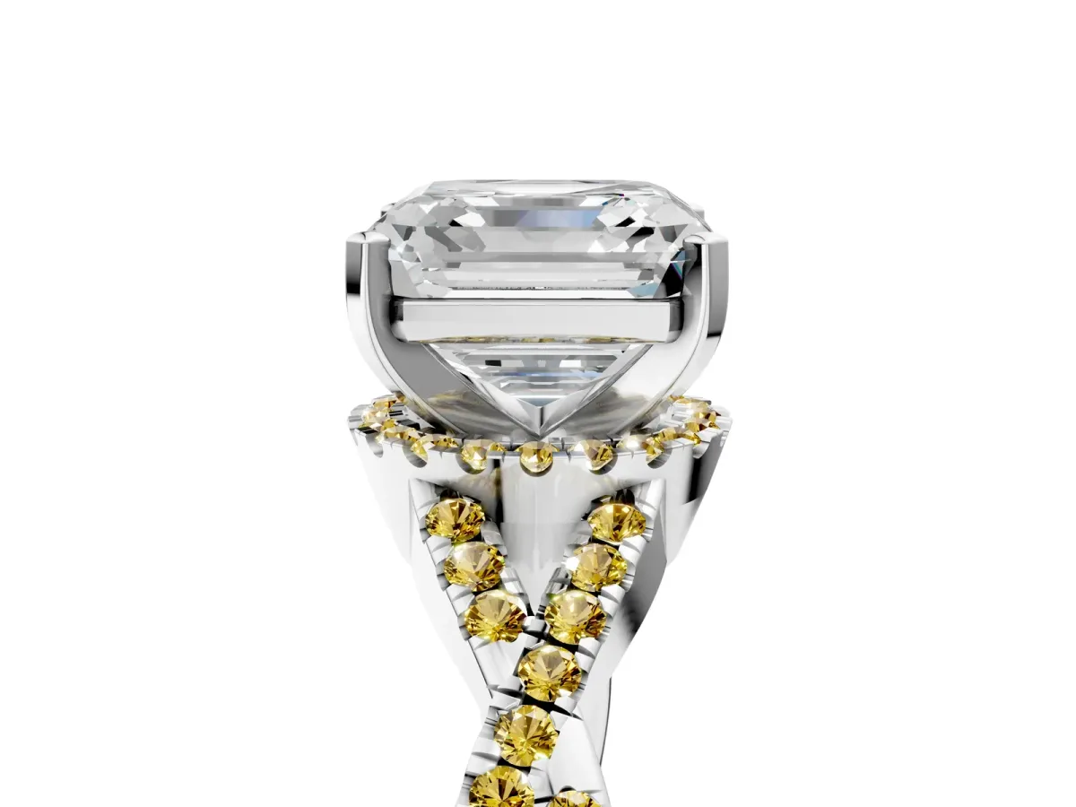 Asscher Cut Diamond Yellow Sapphire Halo Twist Band Solitaire Prong Setting Ring White gold