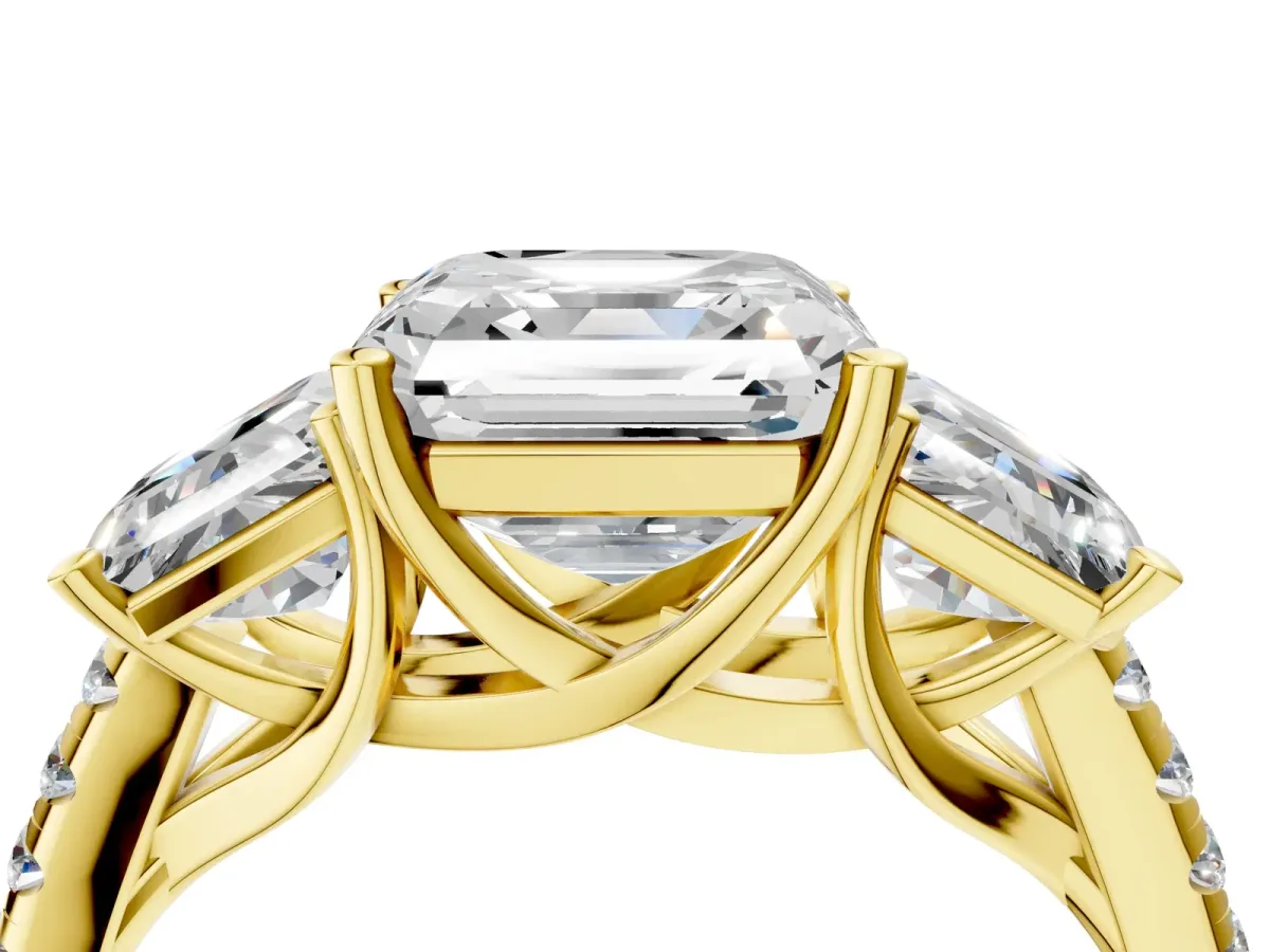 Three-Stone Asscher Cut Diamond Ring with Round Pavé Band and Prong Setting Yellow gold