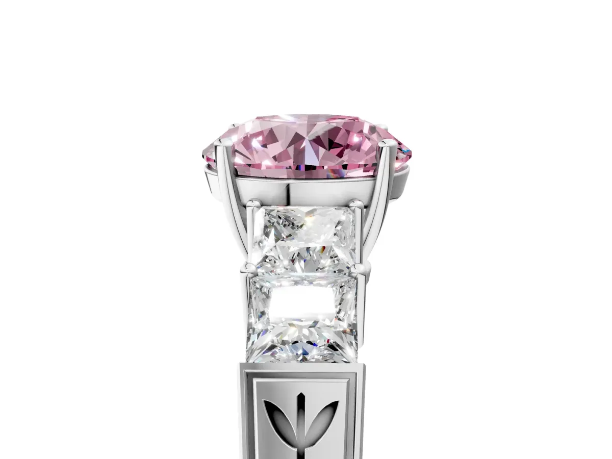 Fancy Pink Round Cut Solitaire Princess Side Stone Engraved Band Prong Setting Ring Silver
