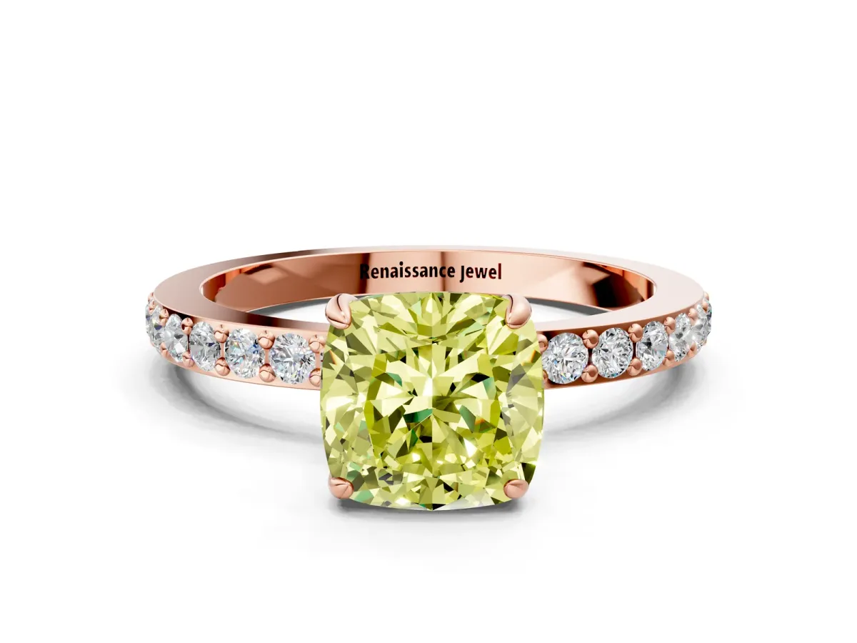 Fancy Yellow Cushion Cut Diamond Solitaire Engagement Ring with Pavé Band and Four-Prong Setting Rose gold