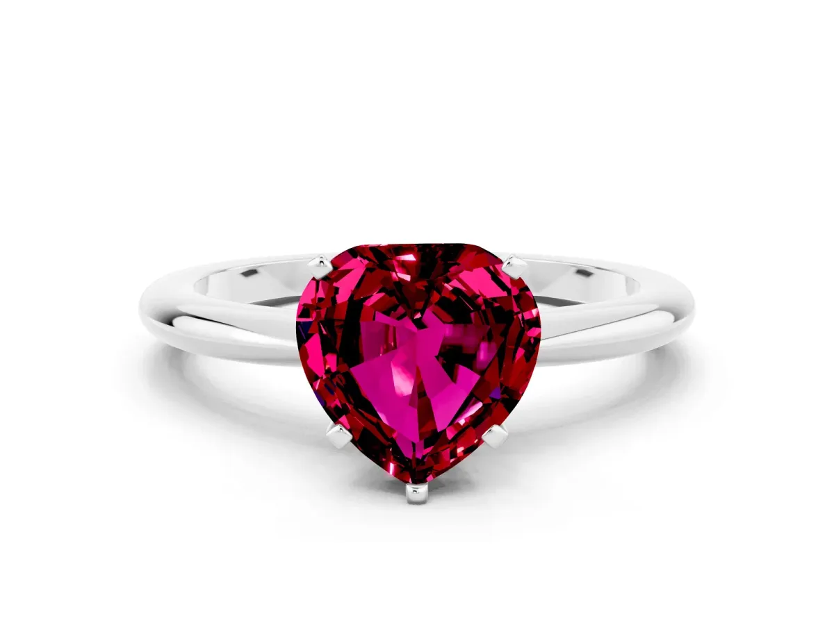 Heart Cut Garnet Solitaire Ring with Six-Prong Setting and Classic Band Silver