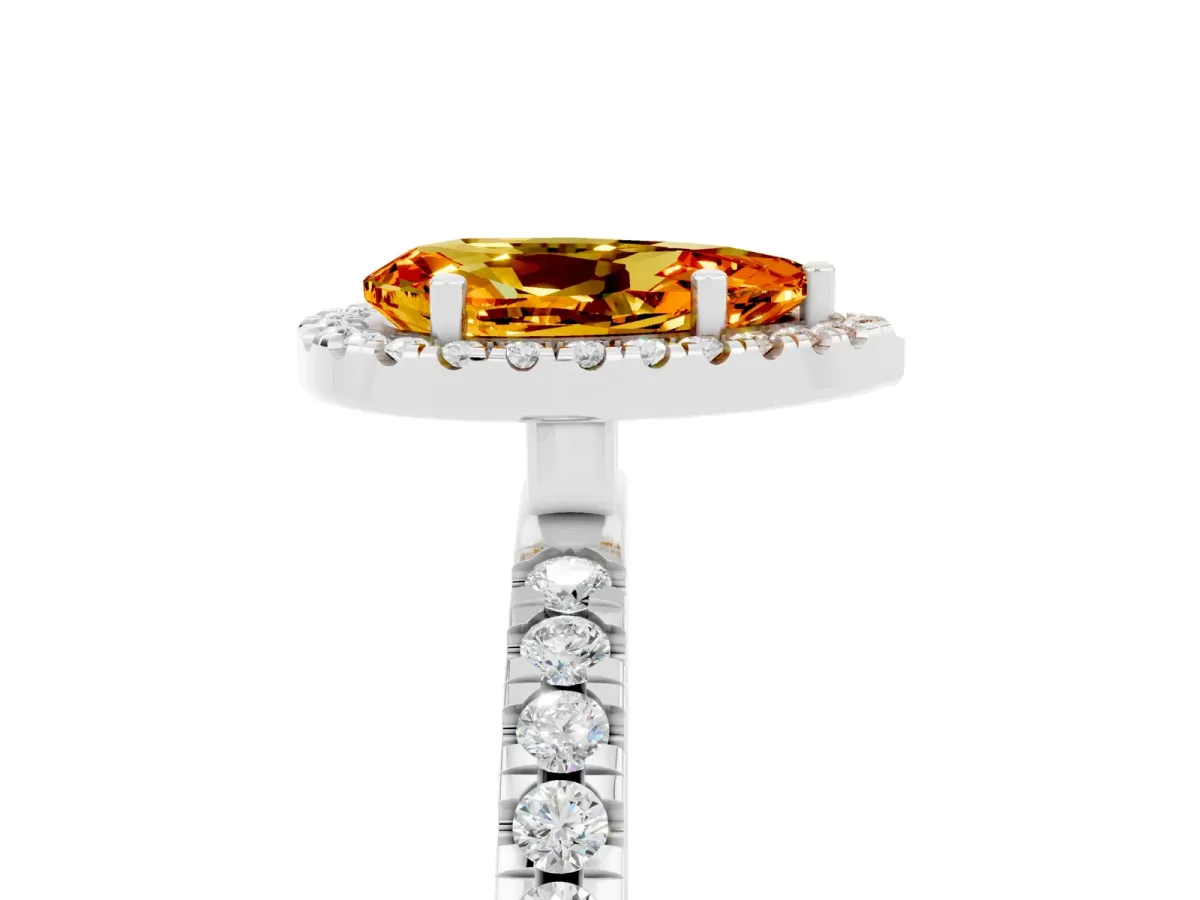 Pear Cut Citrine Classic Halo Engagement Ring with Round Pavé Band and Prong Setting White gold