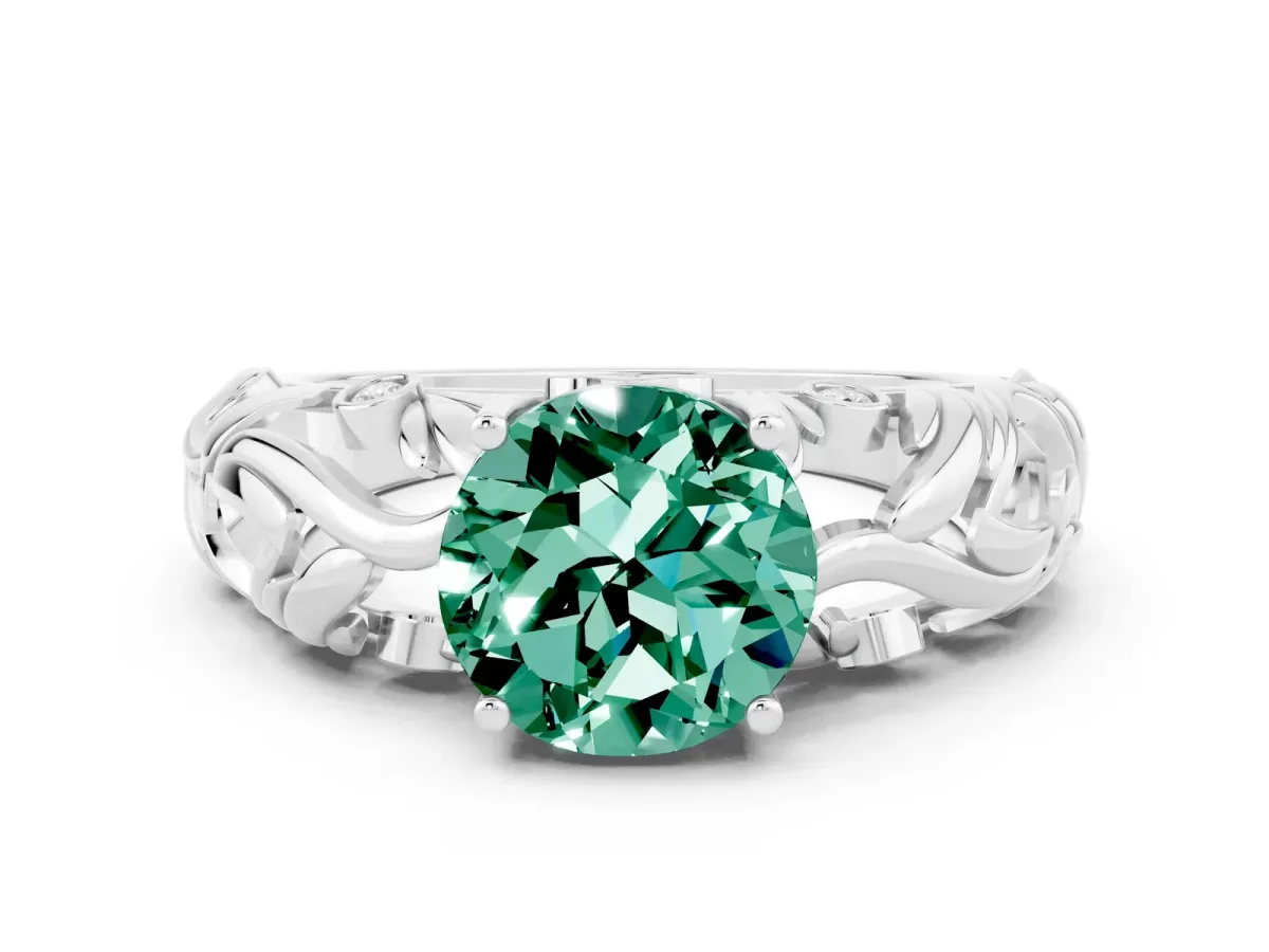 Round Cut Solitaire Green Sapphire Leaf-Inspired Vine Band Ring with Prong Setting Silver