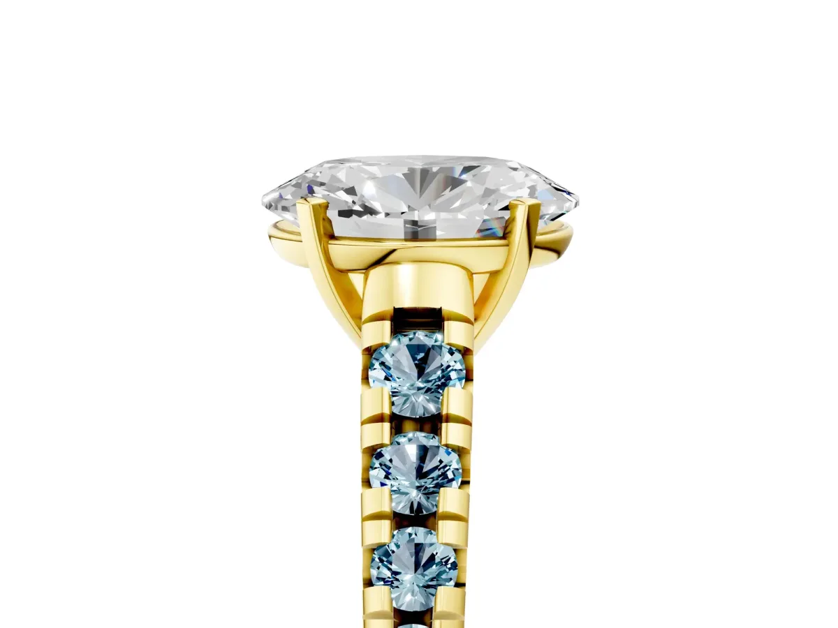 Oval Cut Diamond Cathedral Solitaire Ring with Round Aquamarine Pavé Band Yellow gold