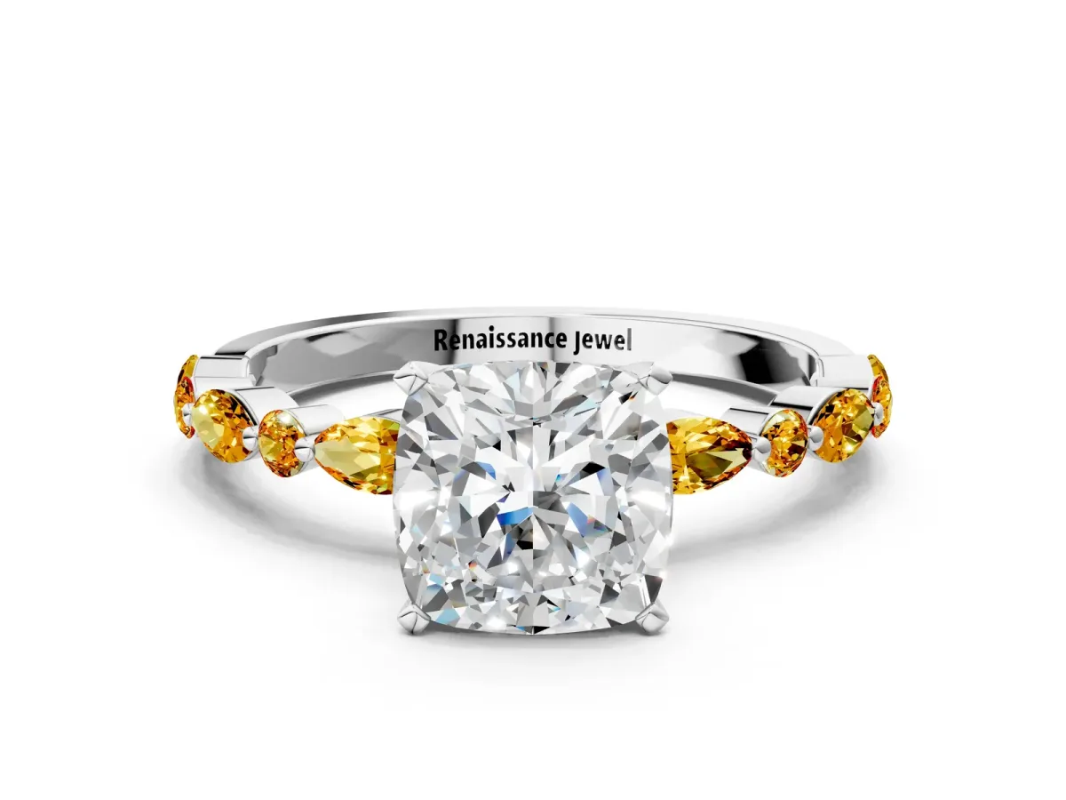 Cushion Cut Diamond Ring with Marquise and Round Citrine Side Stones and Four-Prong Setting White gold