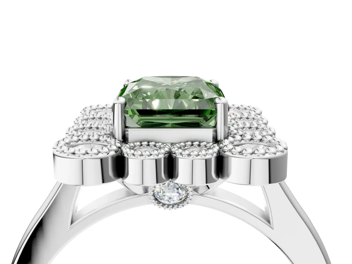 Fancy Green Radiant Cut Halo Diamond Cluster Engagement Ring with Milgrain Bezel Setting and Solitaire Band Platinum