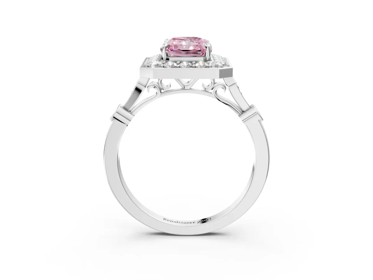 Fancy Pink Radiant Cut Halo Diamond Engagement Ring with Twisted Band and Four-Prong Setting Platinum