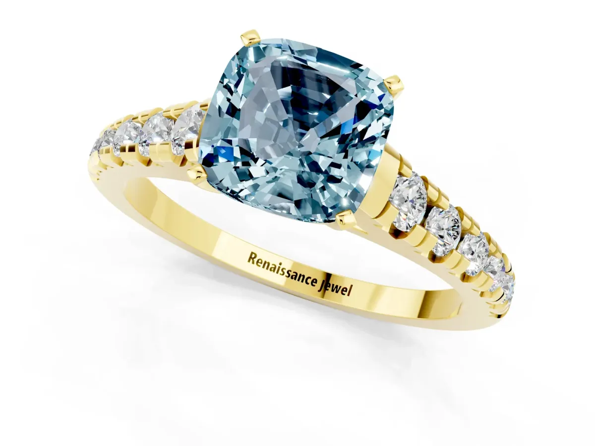Cushion Cut Aquamarine Cathedral Solitaire Ring with Round Pavé Band Yellow gold