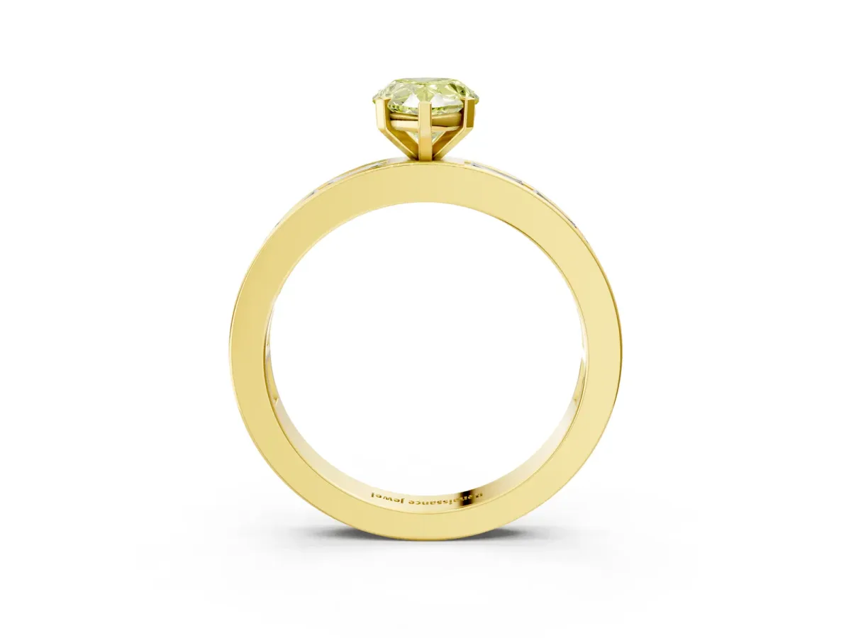 Fancy Yellow Pear Cut Solitaire Diamond Ring with Channel-Set Baguette Band and Four-Prong Setting Yellow gold