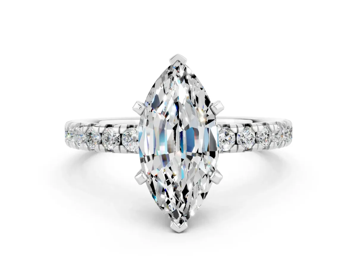 Marquise Cut Moissanite Solitaire Pavé Engagement Ring with Round Band and Prong Setting White gold
