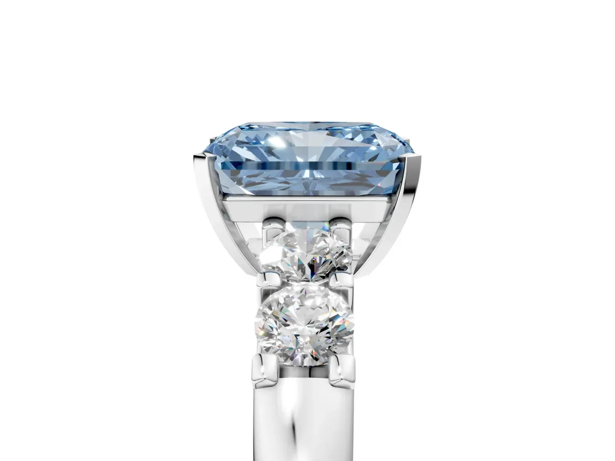 Fancy Blue Radiant Cut Brilliant Cut Diamond Five-Stone Prong Set Engagement Ring with Channel Band Platinum