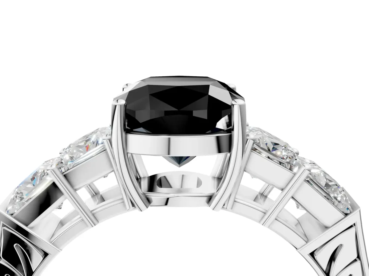 Fancy Black Cushion Cut Solitaire Princess Side Stone Engraved Band Prong Setting Ring White gold