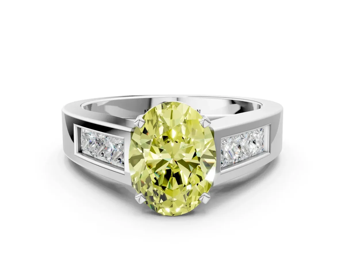Fancy Yellow Oval Cut Cut Channel Set Solitaire Ring with Four-Prong Setting White gold