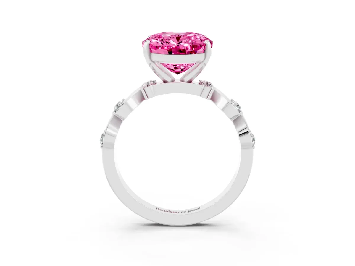 Oval Cut Pink Sapphire Solitaire Twisted Band with Round Accents and Prong Setting White gold