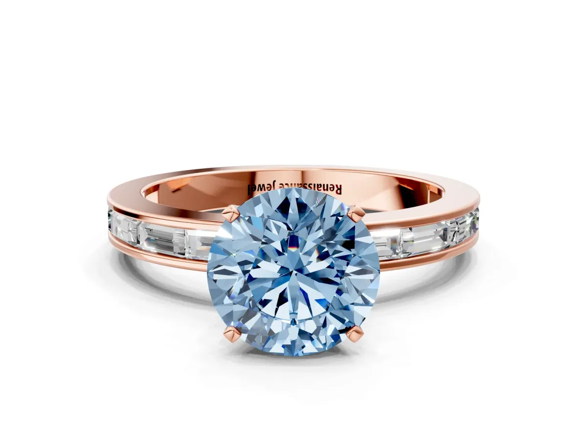Fancy Blue Round Cut Solitaire Diamond Ring with Channel-Set Baguette Band and Four-Prong Setting Rose gold