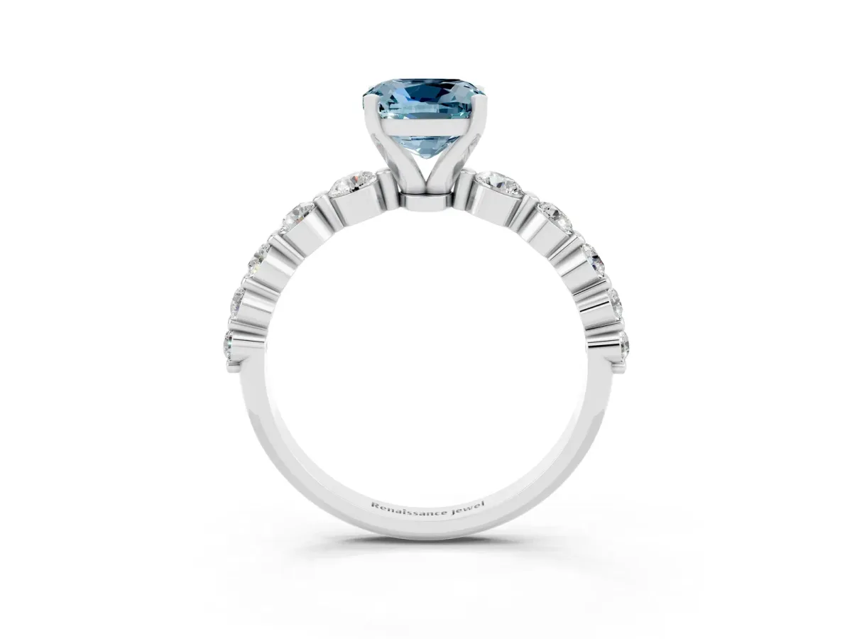Cushion Cut Solitaire Aquamarine Ring with Pave Band and Four-Prong Setting Silver