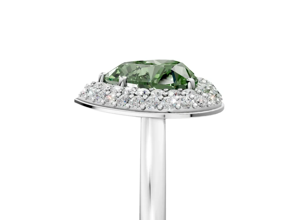 Fancy Green Heart Cut Halo Diamond Engagement Ring with Solitaire Band and Four-Prong Setting Platinum