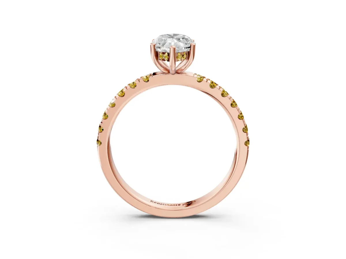 Marquise Cut Diamond Pave Band Solitaire Ring with Round Yellow Sapphire and Prong Setting Rose gold