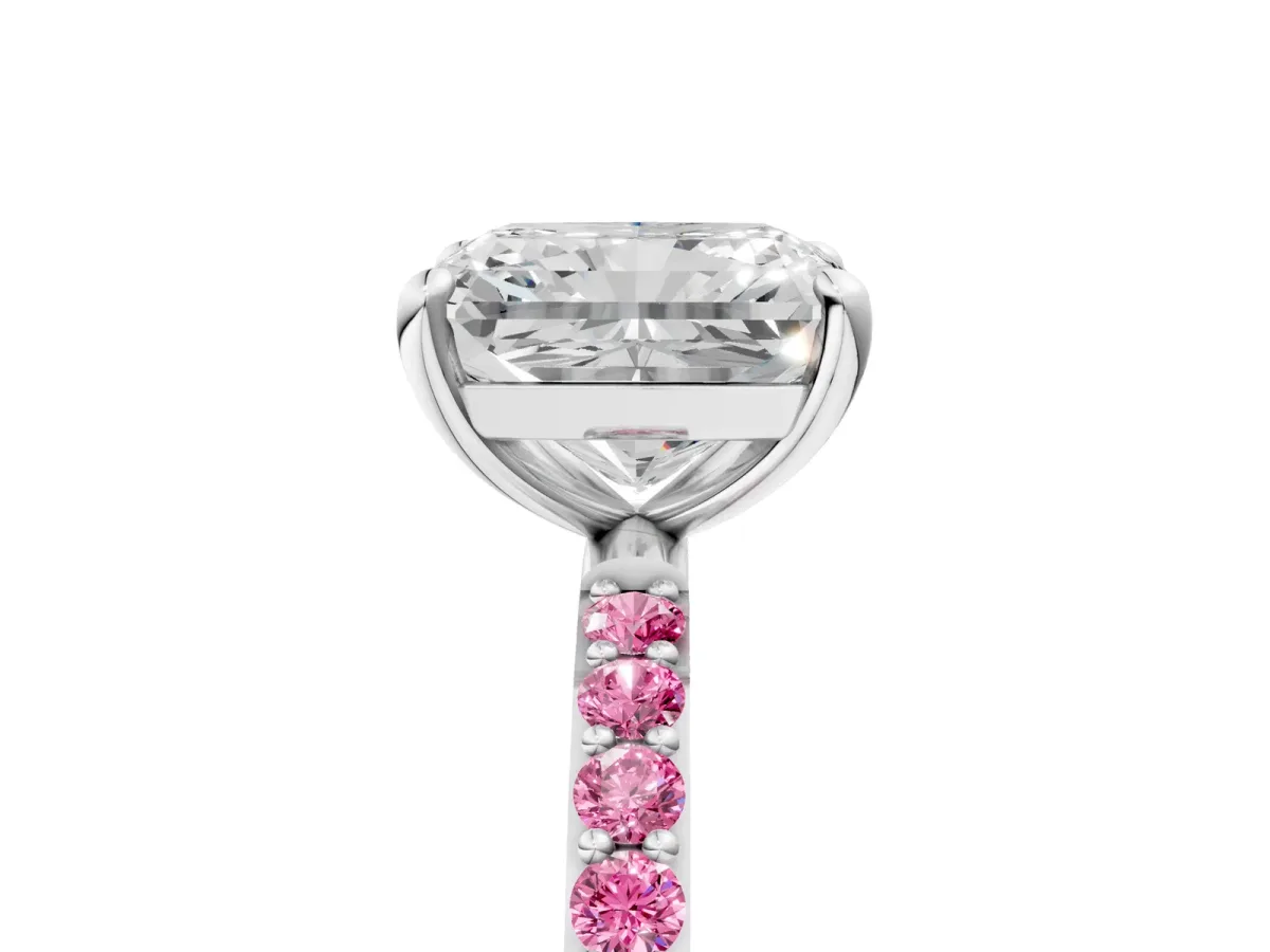 Radiant Cut Diamond Solitaire Ring with Round Pink Sapphire Pavé Band and Prong Setting White gold