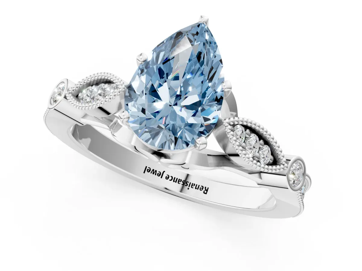 Fancy Blue Pear Cut Cut Diamond with Milgrain Marquise and Bezel Accents on a Solitaire Band with Prong Setting Silver