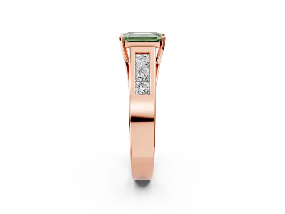 Fancy Green Emerald Cut Cut Channel Set Solitaire Ring with Four-Prong Setting Rose gold