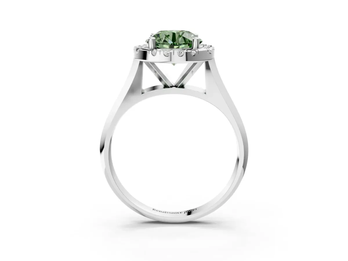 Fancy Green Round Cut Cut Halo Solitaire Engagement Ring with Square Band and Four-Prong Setting White gold