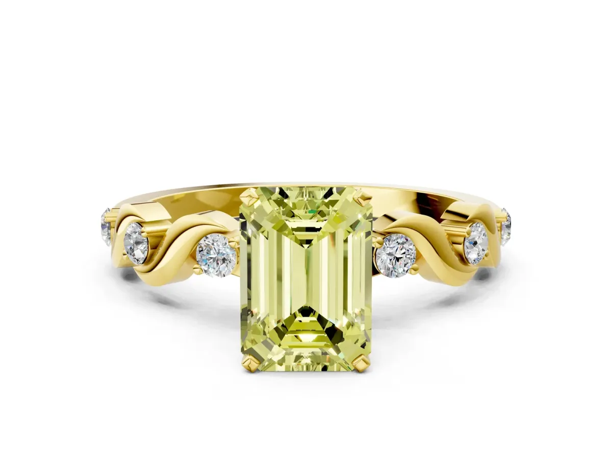 Fancy Yellow Emerald Cut Diamond Solitaire Twisted Band with Round Accents and Prong Setting Yellow gold