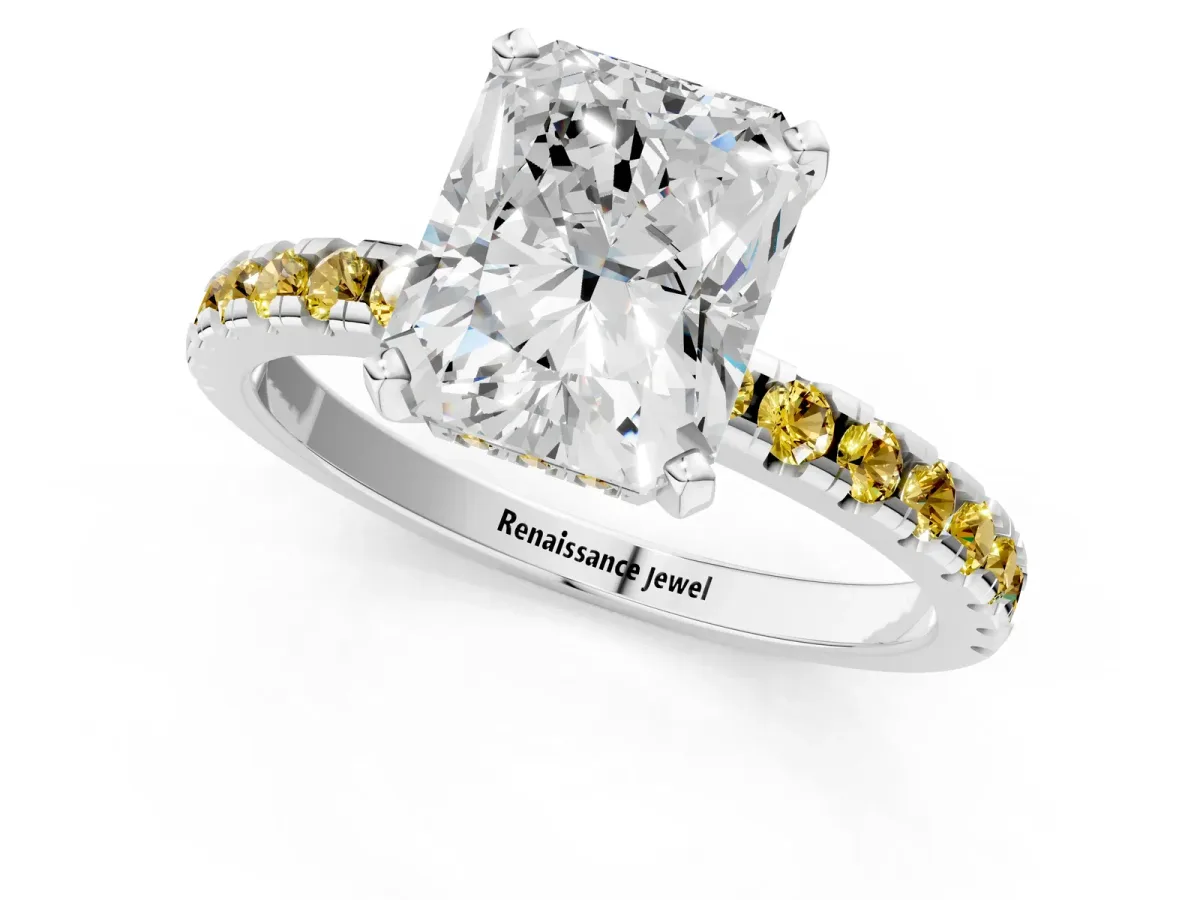 Radiant Cut Diamond Solitaire Ring with Round Yellow Sapphire Pavé Band and Four-Prong Setting White gold