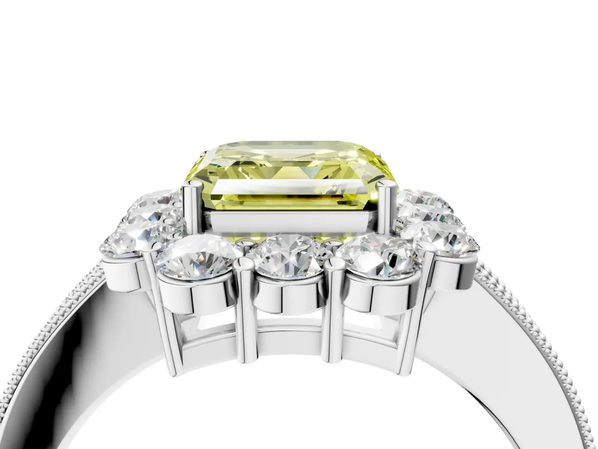 Fancy Yellow Asscher Cut Cut Halo Diamond Pavé Engagement Ring with Milgrain Detailing Platinum