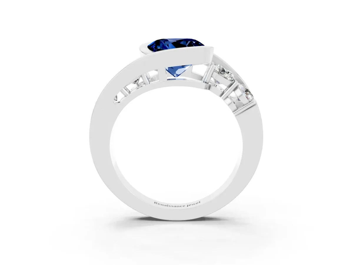 Bezel Set Round Cut Blue Sapphire Bypass Ring with Round Accents Silver