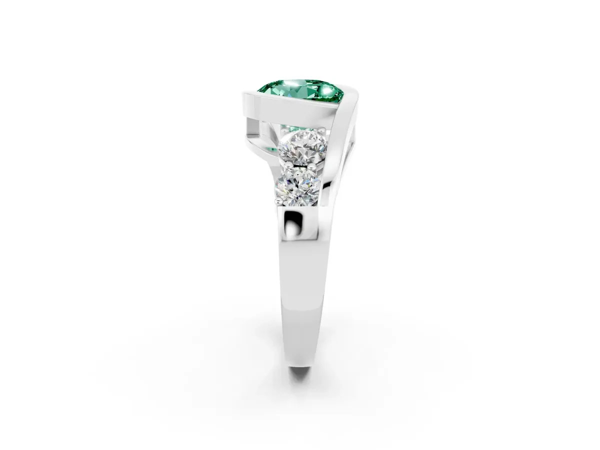 Bezel Set Round Cut Green Sapphire Bypass Ring with Round Accents Silver