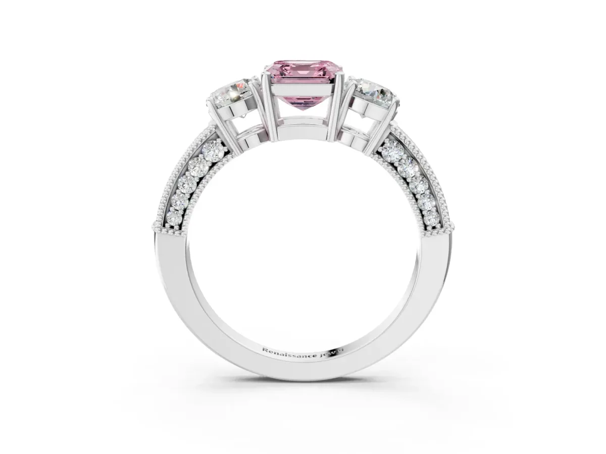 Fancy Pink Asscher Cut Three-Stone Diamond Ring with Pavé Band and Four-Prong Setting Platinum