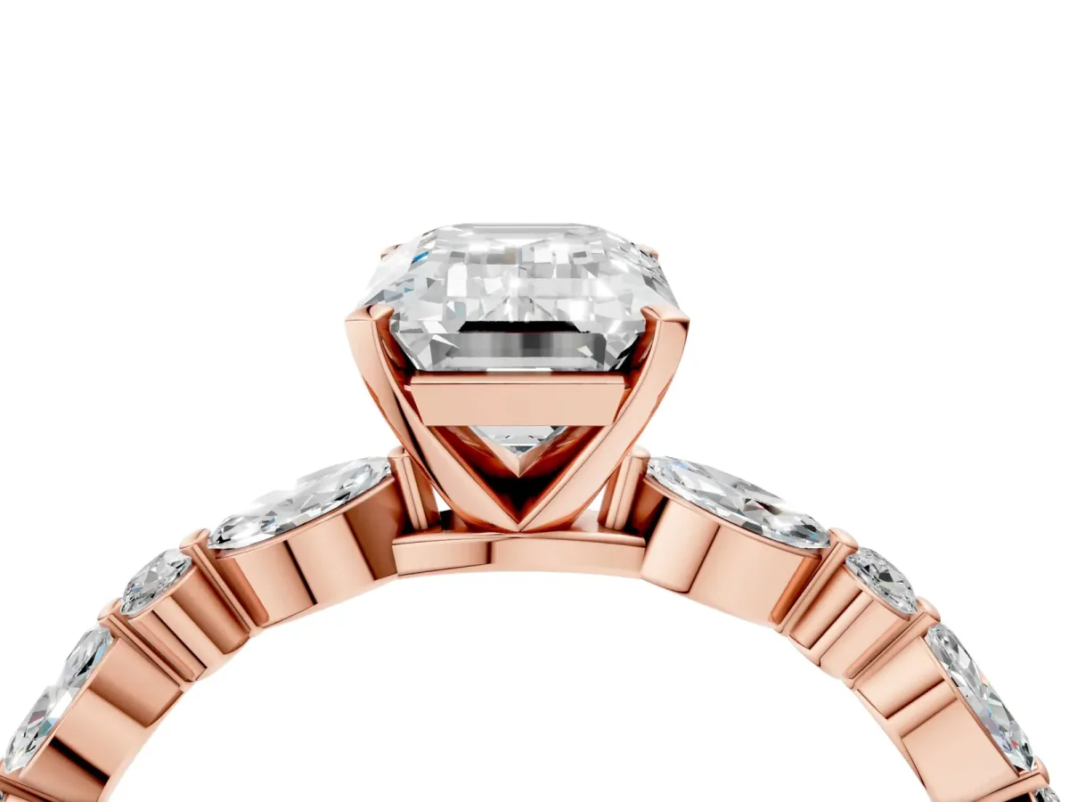 Emerald Cut Diamond Ring with Marquise and Round Moissanite Side Stones and Four-Prong Setting Rose gold