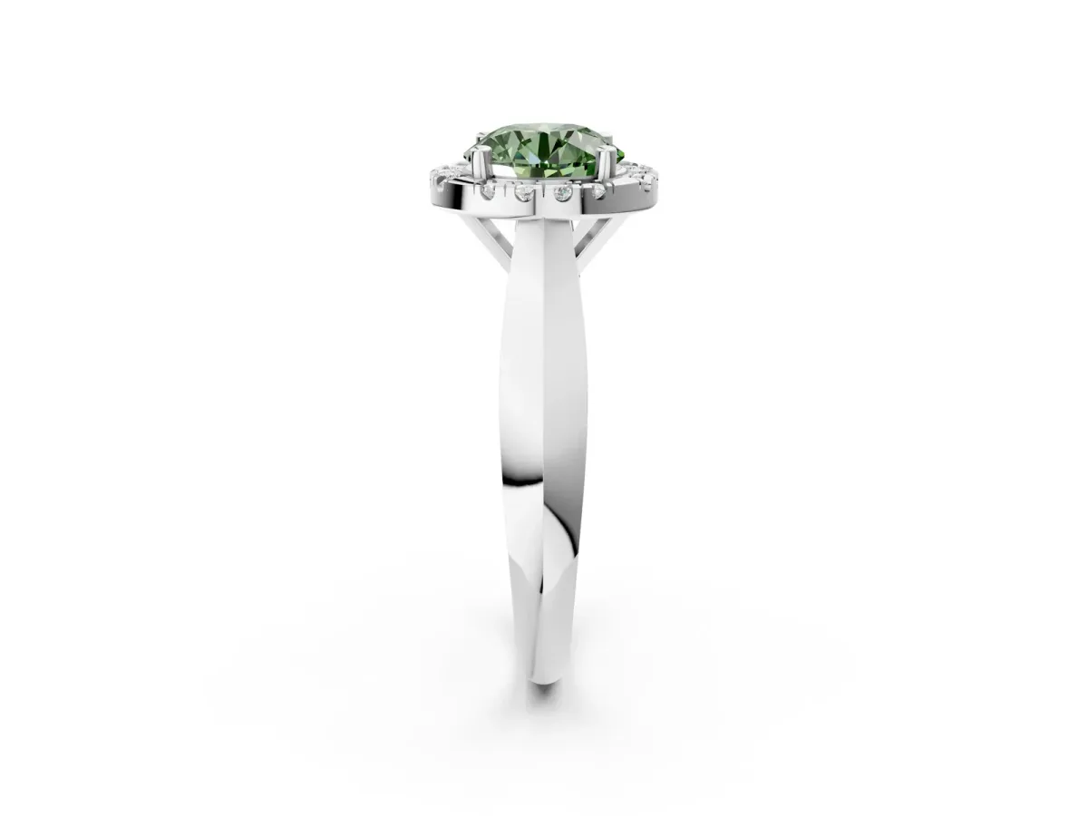 Fancy Green Round Cut Cut Halo Solitaire Engagement Ring with Square Band and Four-Prong Setting White gold
